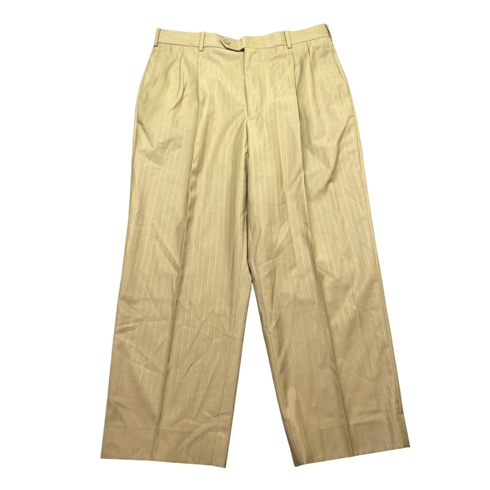 Caravelli Mens Tan Pinstripe Pleated Dress Trousers Pants 38R (34x28)